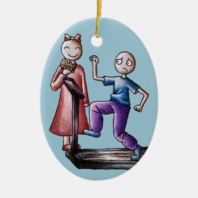 Fun Cartoon Couple Treadmill Boy and Cookie Girl Ceramic Ornament (Front)