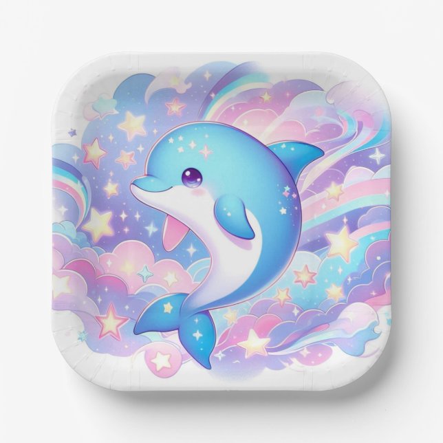 Fun Cartoon Dolphin Baby Shower  Paper Plates (Front)