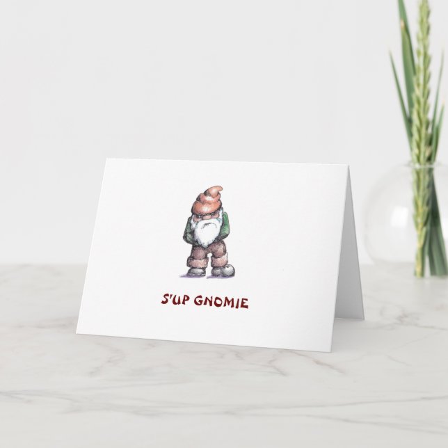 Fun cartoon drawing of a Gnome, "I miss you" Card (Front)