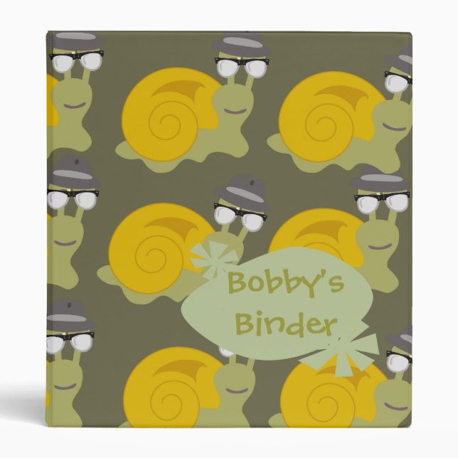 Fun Cartoon Fedora Hipster Snail Character Pattern 3 Ring Binder (Front)