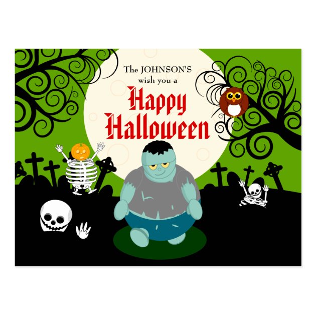 Fun Cartoon Full Moon Halloween Zombie Scene, Postcard