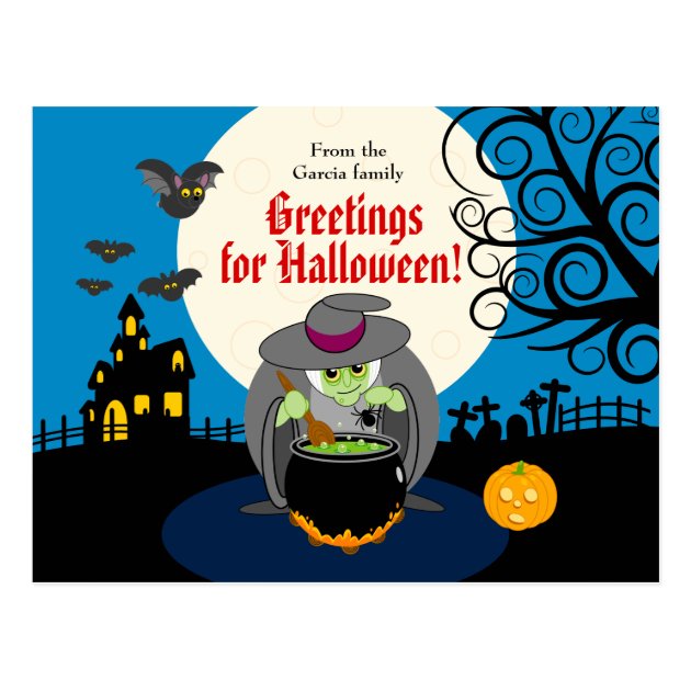 Fun Cartoon Full Moon Scary Halloween Witch Scene, Postcard