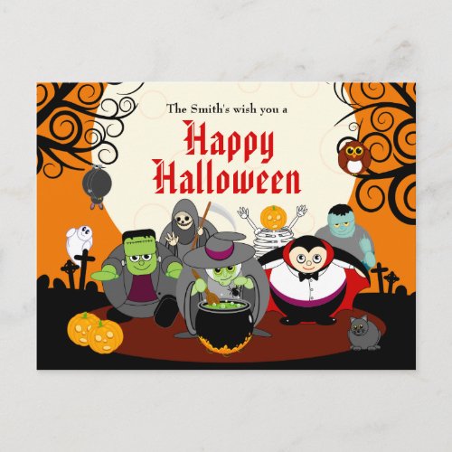 Fun cartoon Halloween monster costume party group Invitation Postcard
