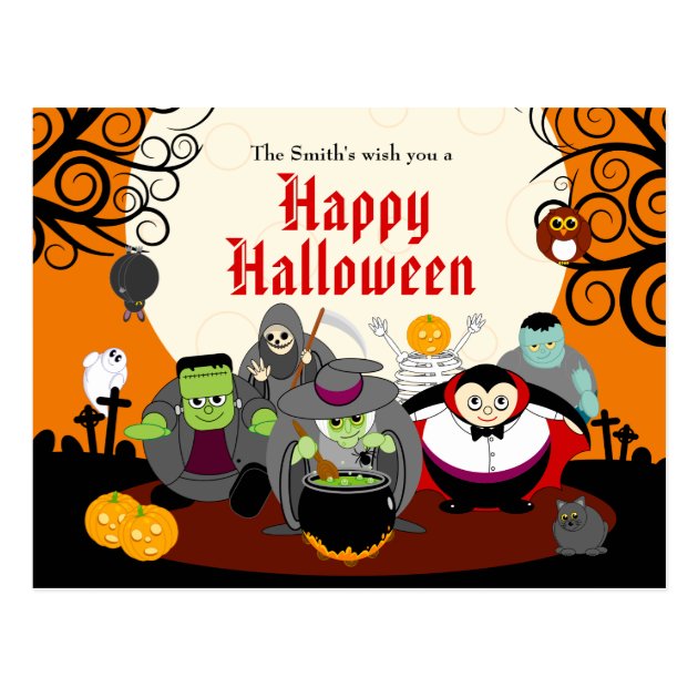 Fun Cartoon Halloween Monster Costume Party Group, Postcard
