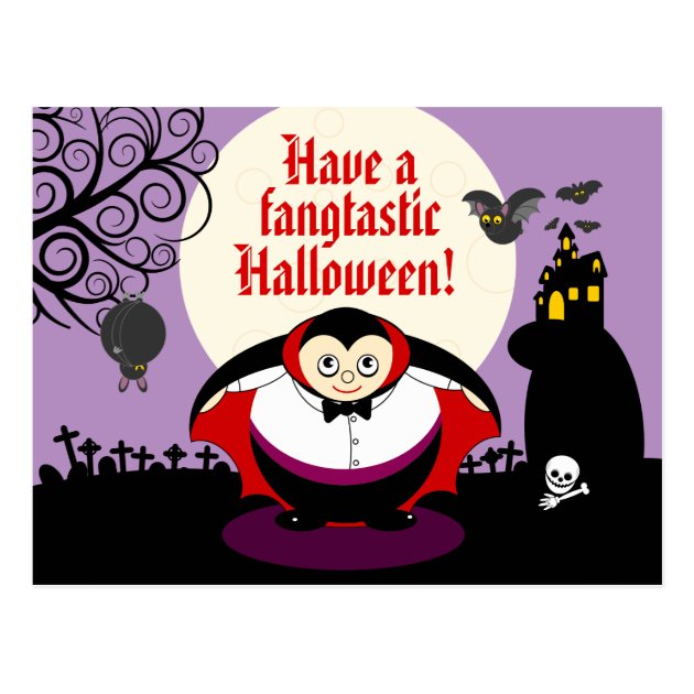 Fun Cartoon Halloween Vampire Dracula Scene, Postcard