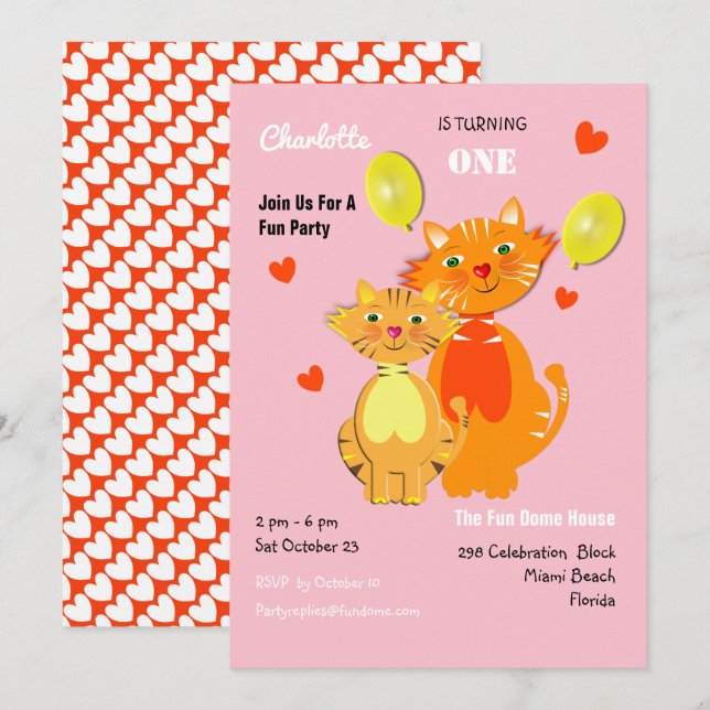 Fun Cartoon Kitty Cats Adorable Birthday Party Invitation (Front/Back)