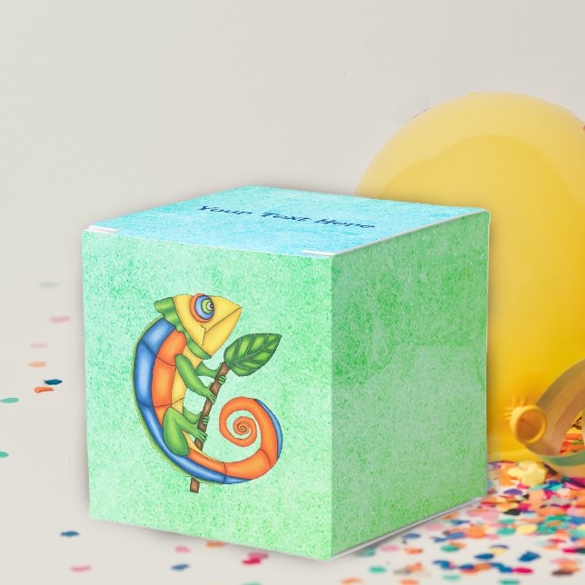 Fun Cartoon Lizard Leaf Bright Colours Blue Green Favor Boxes (Cartoon Lizard in bright colours leaf on stick on mottled green blue mix Birthday favor or gift box.)