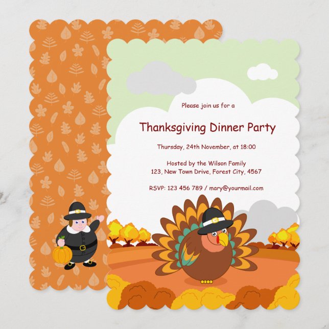 Fun cartoon of a Pilgrim Thanksgiving turkey, Invitation (Front/Back)