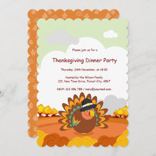 Fun cartoon of a Pilgrim Thanksgiving turkey, Invitation