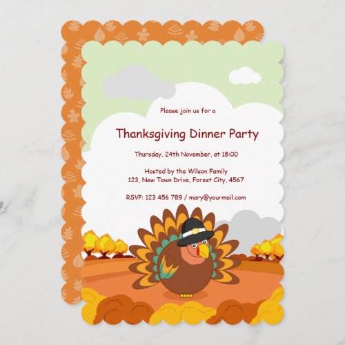 Fun cartoon of a Pilgrim Thanksgiving turkey Invitation