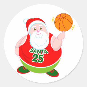 Fun cartoon of Santa Claus spinning a basketball, Classic Round Sticker