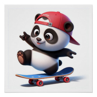 Fun Cartoon Panda on Skateboard  Poster