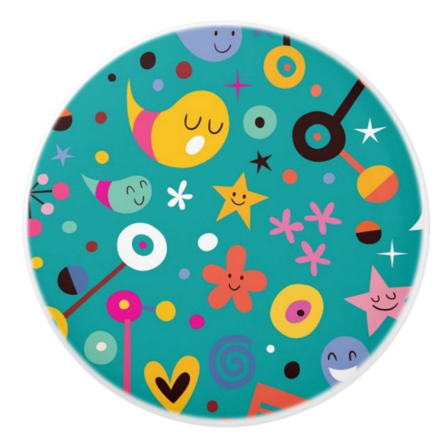 fun cartoon pattern teal ceramic knob (Front)