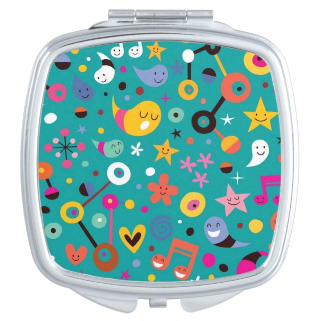 fun cartoon pattern teal compact mirror (Front)