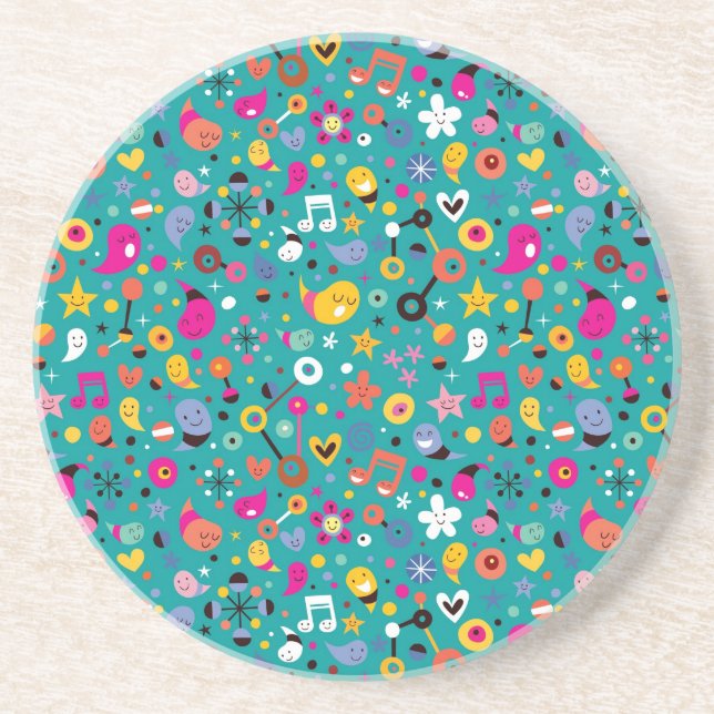 fun cartoon pattern teal drink coaster (Front)