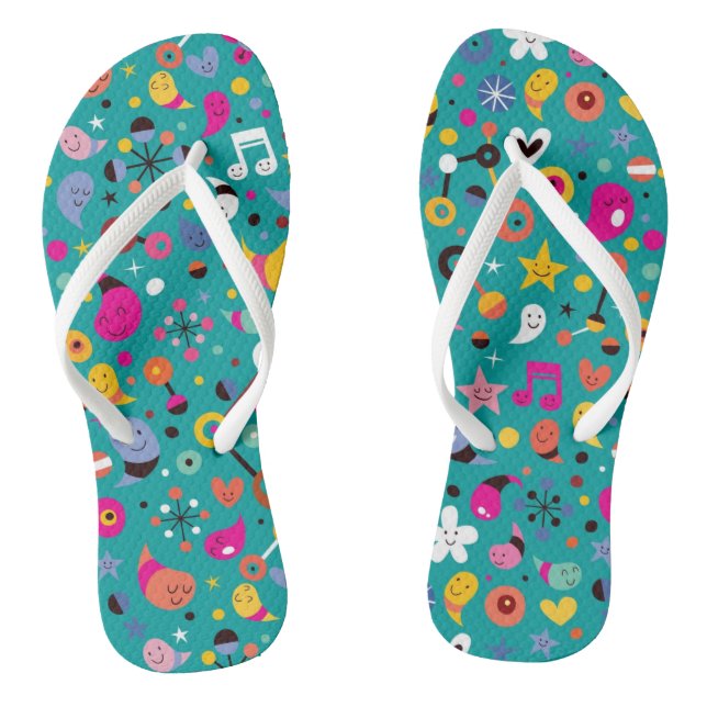 fun cartoon pattern teal flip flops (Footbed)