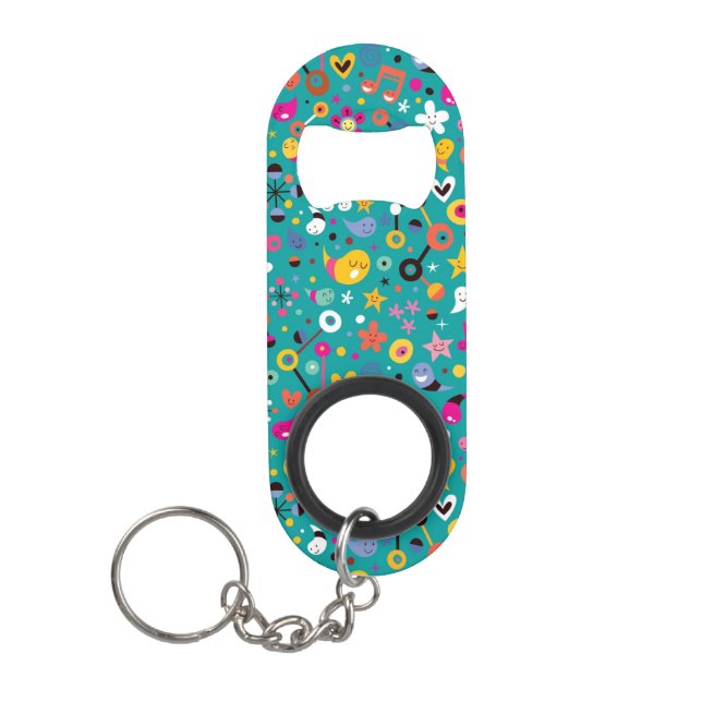 fun cartoon pattern teal keychain bottle opener (Front)