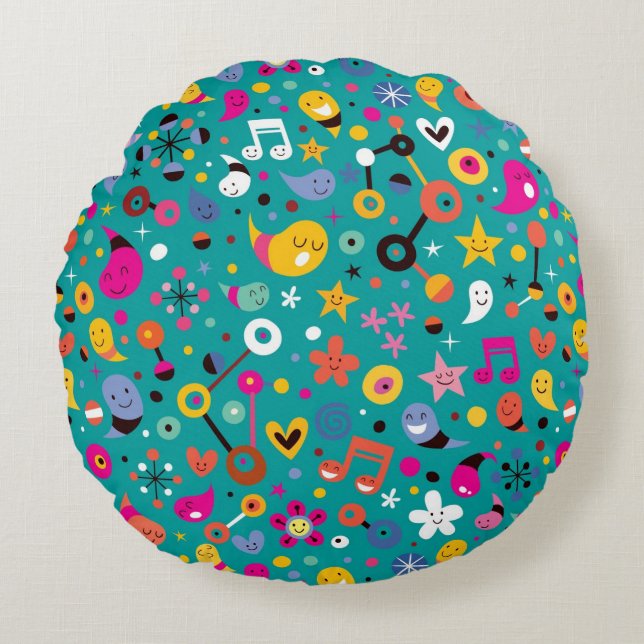 fun cartoon pattern teal round pillow (Front)