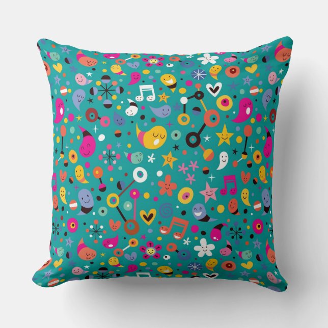fun cartoon pattern teal throw pillow (Front)