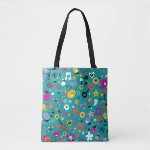 fun cartoon pattern teal tote bag