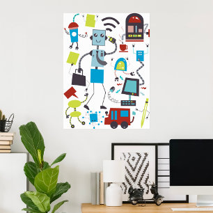 Fun Cartoon Robots and Office Tech Doodle Poster