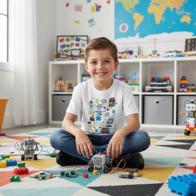 Fun Cartoon Robots and Office Tech Doodle T-Shirt (Creator Uploaded)