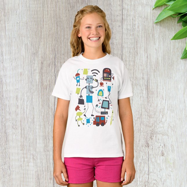 Fun Cartoon Robots and Office Tech Doodle T-Shirt (Creator Uploaded)