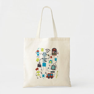 Fun Cartoon Robots and Office Tech Doodle Tote Bag