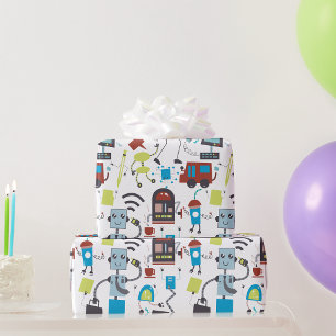 Fun Cartoon Robots and Office Tech Doodle Wrapping Paper