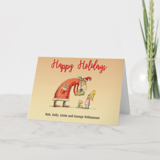Fun Cartoon Santa Delivers Gifts Happy Holidays Holiday Card (Front)