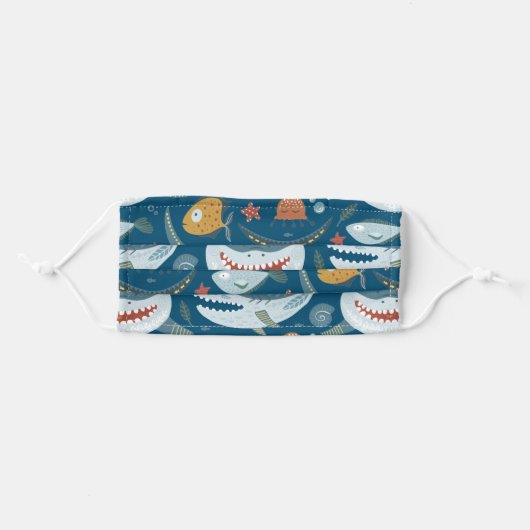 Fun Cartoon Shark Pattern on Blue Adult Cloth Face Mask (Front, Folded)