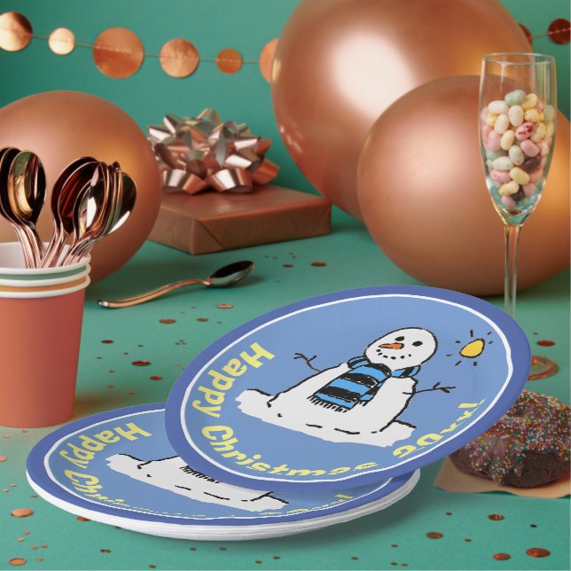 Fun Cartoon Snowman at Christmas Design. Paper Plates (Multi)