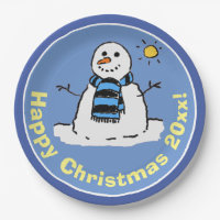 Fun Cartoon Snowman at Christmas Design. Paper Plates
