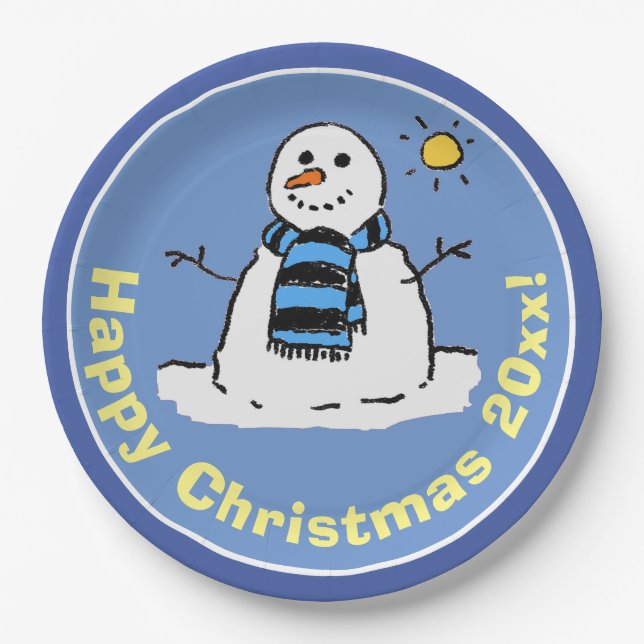 Fun Cartoon Snowman at Christmas Design. Paper Plates (Front)