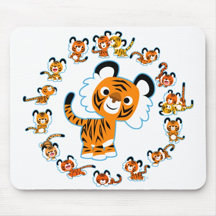 Fun Cartoon Tigers Mandala (Blue) Mousepad