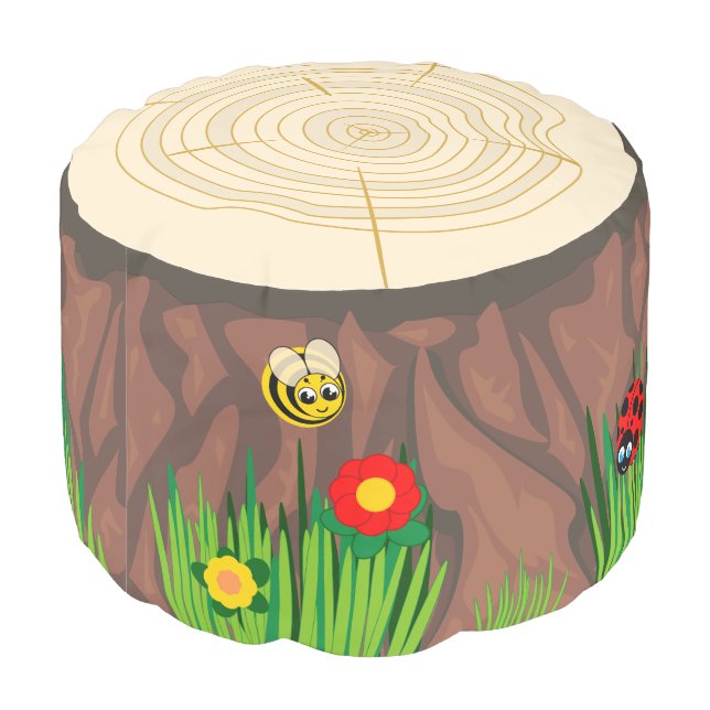 Fun cartoon tree trunk stump surrounded by grass, pouf (Angled Back)