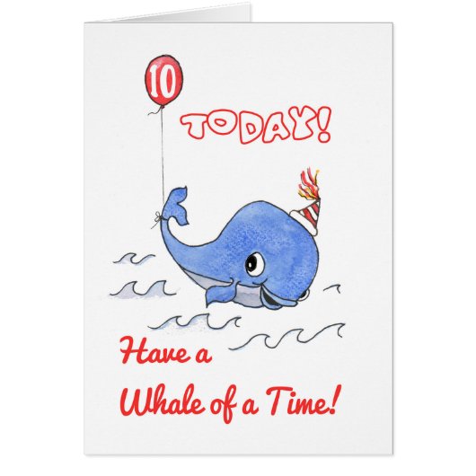 Fun Cartoon Whale and Balloon 10th Birthday Card (Front)