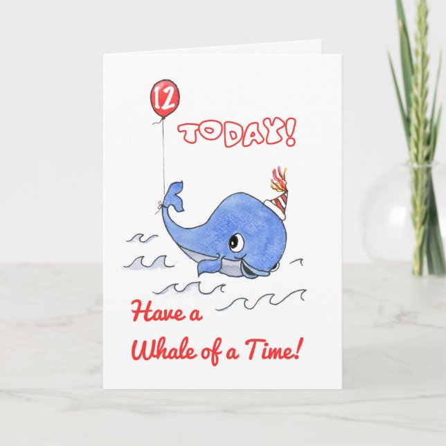 Fun Cartoon Whale and Balloon 12th Birthday Card (Front)