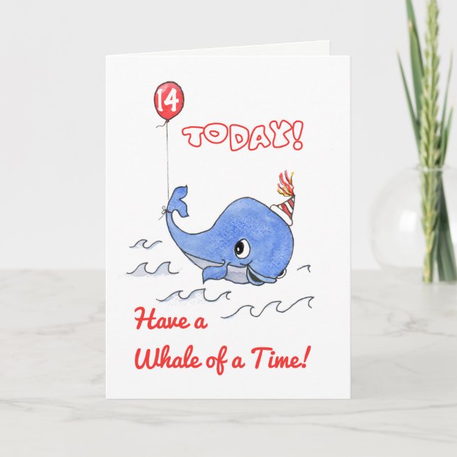 Fun Cartoon Whale and Balloon 14th Birthday Card (Front)
