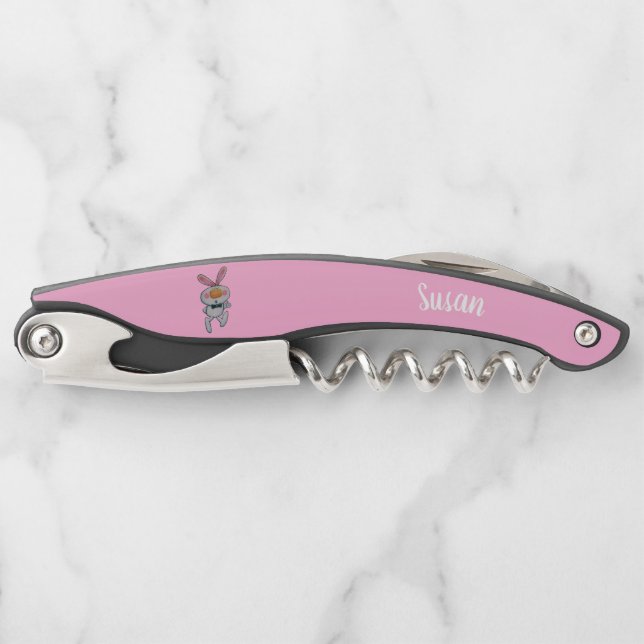 Fun Cartoon White Bunny in Black Bow Tie Pink Waiter's Corkscrew (Front)