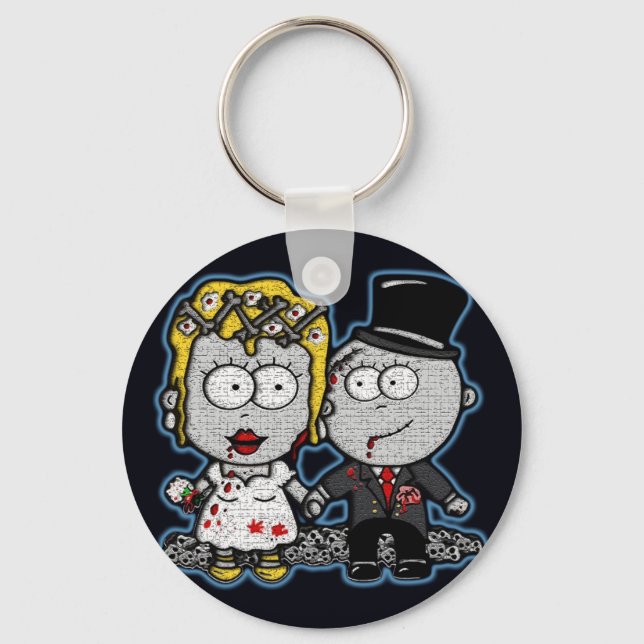 Fun Cartoon Zombie bride and groom wedding Keychain (Front)
