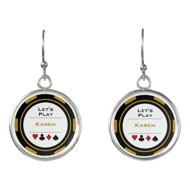 Fun Casino Poker Chip Black Gold Las Vegas Earrings (Front)