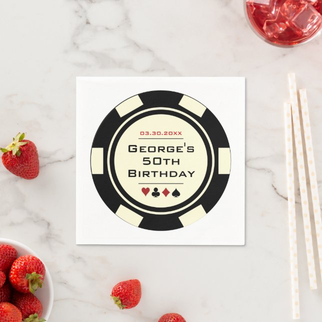 Fun Casino Poker Chip in Black Off-White Birthday Napkins (Insitu)