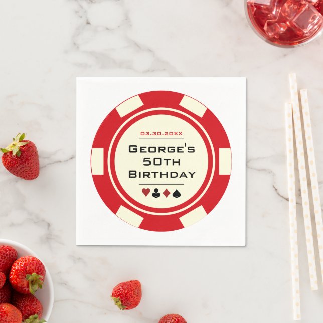 Fun Casino Poker Chip in Red and Cream Birthday Napkins (Insitu)