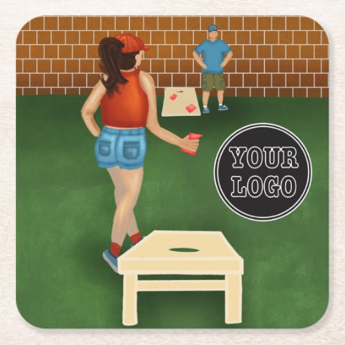 Fun Casual Couple Playing Exciting Cornhole Game Square Paper Coaster