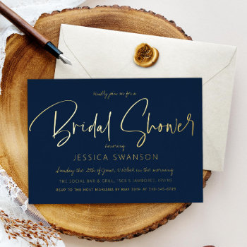 Fun Casual Script Navy Blue Bridal Shower Silver Foil Invitation by beckynimoy at Zazzle