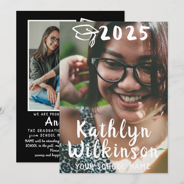 Fun Casual Script Simple 4 Photo Graduation Announcement (Front/Back)
