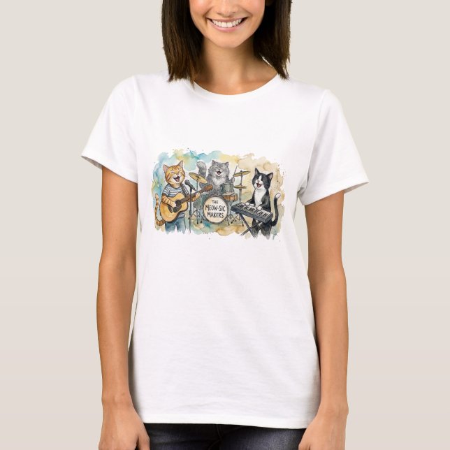 Fun Cat Band Music Piano Drums Keyboard T-Shirt (Front)