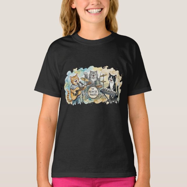Fun Cat Band Music Piano Drums Keyboard T-Shirt (Front)