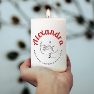 Fun Cat Dance Black White Red Sketch Edward Lear Pillar Candle